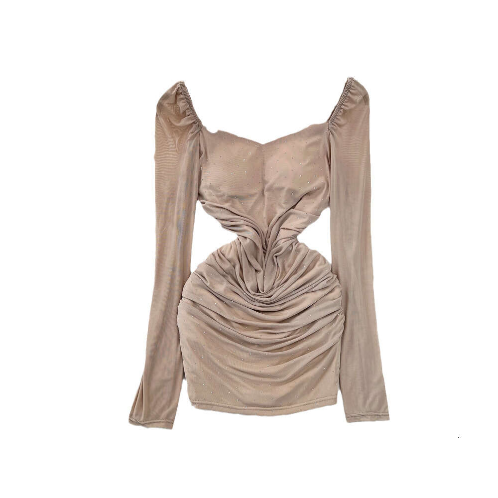 Spring and Autumn Fashion Celebrity Style Long sleeved Square Neck Waist Wrapped Slim Short Style Diamond Mesh Wrapped Hip Bottom Dress