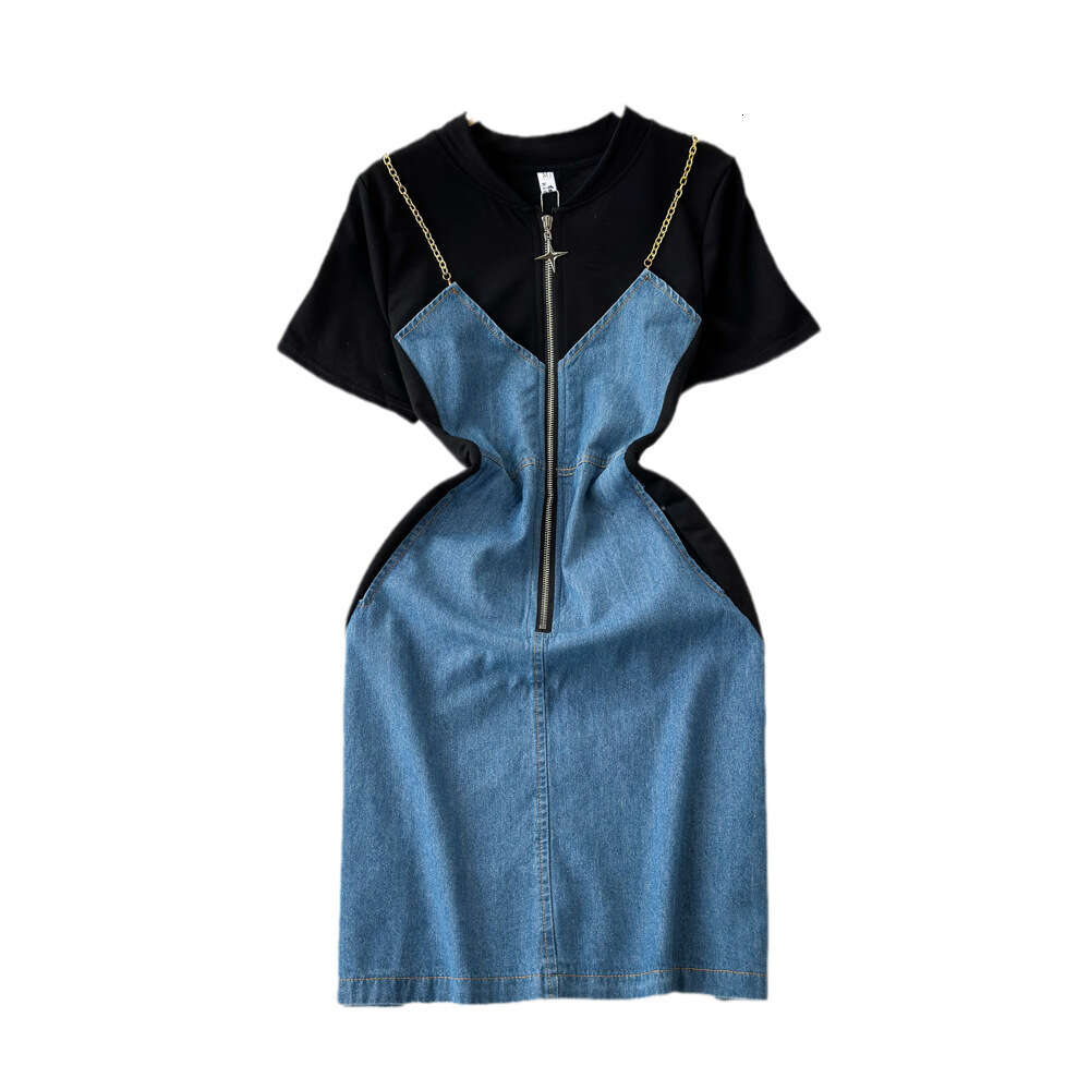 2024 Summer Korean Edition Fake Two Piece Contrast Color Short sleeved Round Neck Denim Spliced Waist Slimming A-line Slim Strap Dress