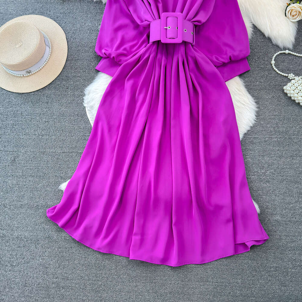 Fashionable and high-end socialite temperament bat long sleeved round neck waist cinched slimming A-line large hem dress elegant long skirt