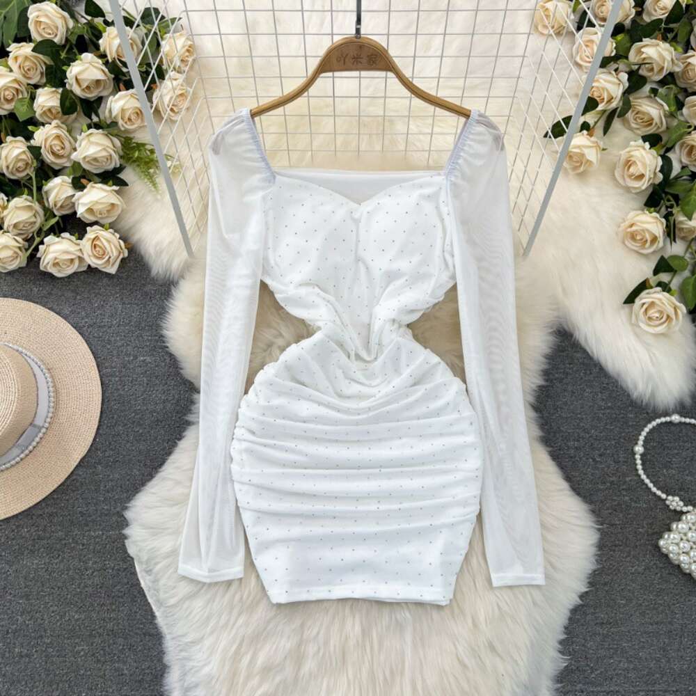 Spring and Autumn Fashion Celebrity Style Long sleeved Square Neck Waist Wrapped Slim Short Style Diamond Mesh Wrapped Hip Bottom Dress