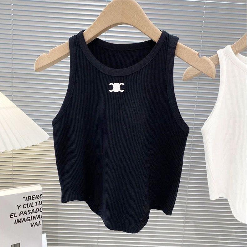 Designer Womens Tank Tops T Shirts Summer Women Tees Crop Top Embroidery Sexy Off Shoulder Black Casual Sleeveless Backless Shirts Solid Stripe Color Vest racial X88