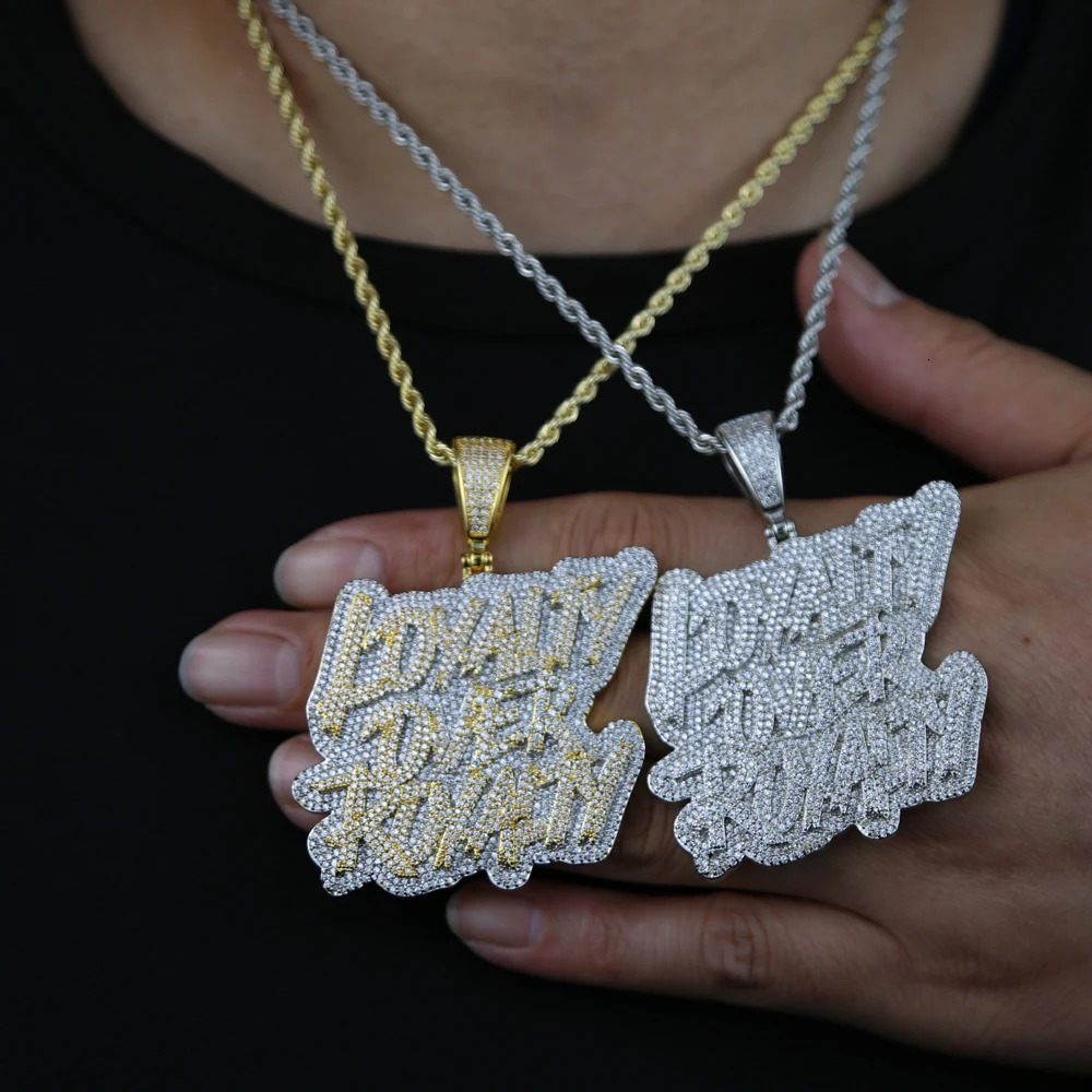 Iced Out Bling CZ Letter Loyalty Over Royalty Pendant Necklace Cubic Zirconia Two Tone Color Charm Men Women Hip Hop Jewelry 240531
