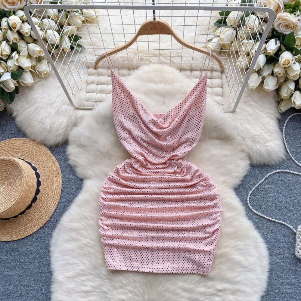 Nightclub womens light luxury sequin camisole dress womens scheming pleated slim fit short sexy buttocks skirt bottom skirt