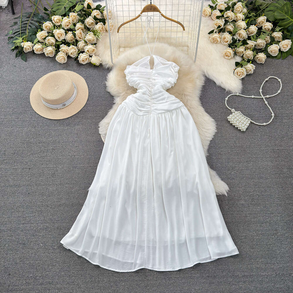 Celebrity temperament strapless neck hanging backless waist closing slimming mid length A-line chiffon dress seaside vacation long dress
