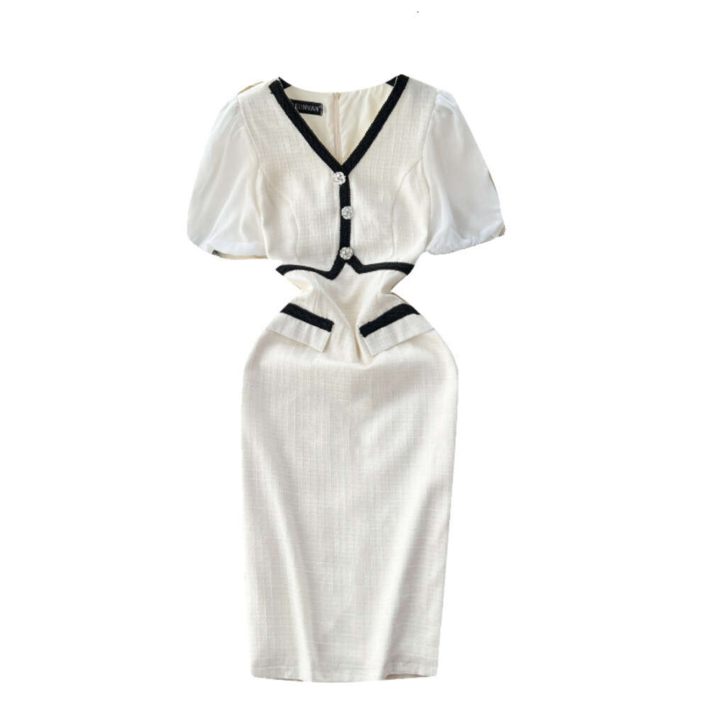Small Fragrant Wind White Dress Womens Design Feeling Contrast Color V-neck Button Slim Fit Mid length Commuting Style Wrapped Hip Skirt