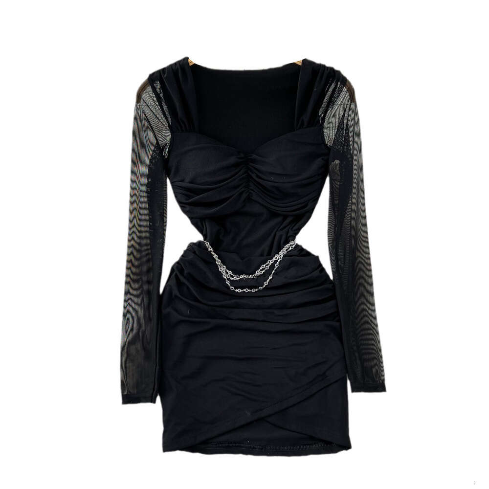 Purely Spicy Girl Sexy Celebrity Temperament Long sleeved Square Neck Waist Wrapped Small Short Fold Mesh Wrap Hip Dress
