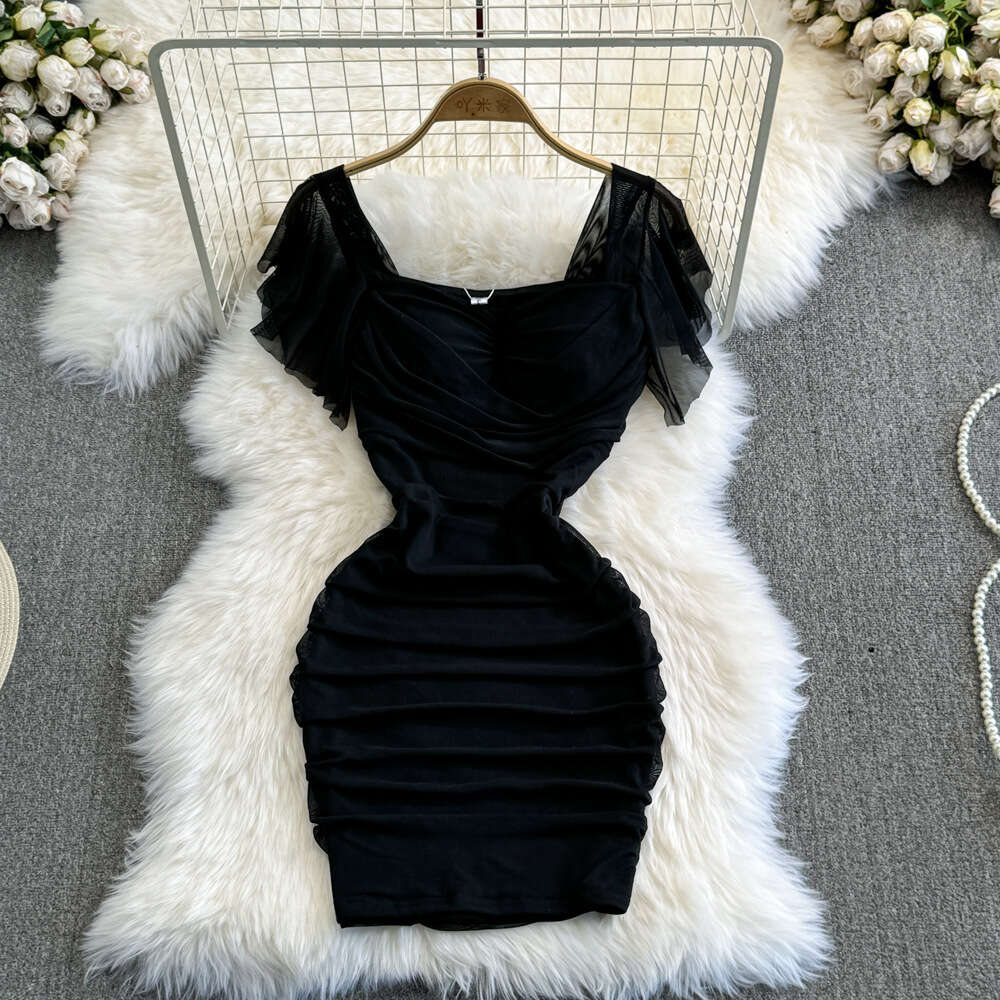 2023 Summer Fashion Sexy Celebrity Elegant Square Neck Waist Closed Slim Short Mesh Wrapped Hip Bottom Dress