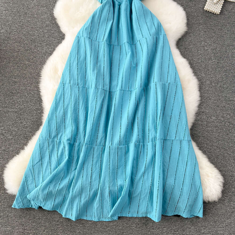 Sweet 3D V-neck with ruffled edges slim fit long vertical hollow holiday dress high-end feeling camisole dress for women