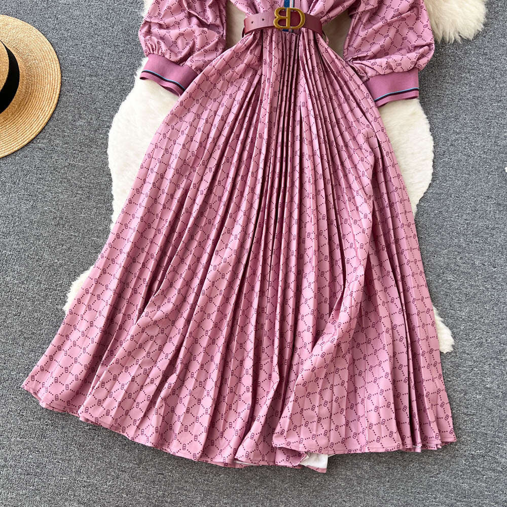 2022 Autumn New Light Mature Style Fashion Print V-Neck Panel Pleated Contrast Color Dress Womens Big Swing Long Dress