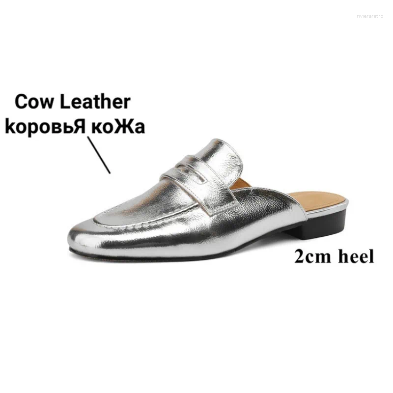 Slippers Ochanmeb Women Real Leather Mule Shoes Sier Gold Slip-on Penny Loafers Woman Genuine Flat Mules Spring Summer