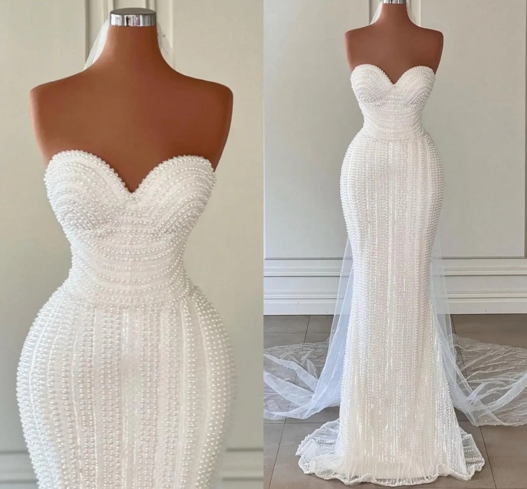 Arabic Aso Ebi Pearls Wedding Dress 2025 Luxurious Sweetheart Beaded Sequined Bridal Formal Bride Gowns Vestidos De Novia Customed