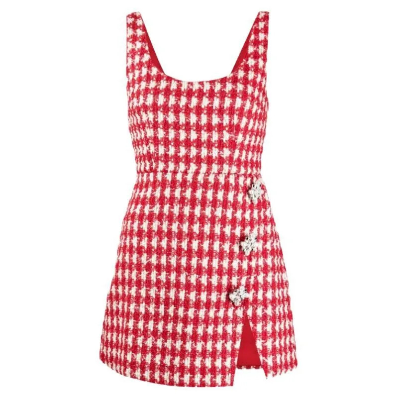 Arrive Red And White Plaid Tweed Women Mini Dress Sleeveless Slit Hem Lady Tank Dress 240529