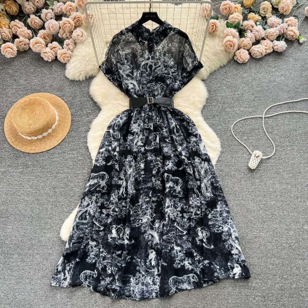 French printed shirt collar buckle slim fit long hem high-end and elegant dress for women 2024 new