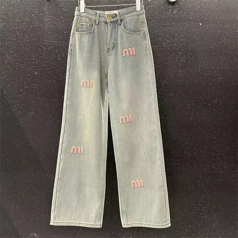 Luxury Loosed Pink Letter Girl Straight Leg Jeans Embroidery High Waisted Denim Pants For Women Designer M Boyfriend Jeans Long Wide Trousers
