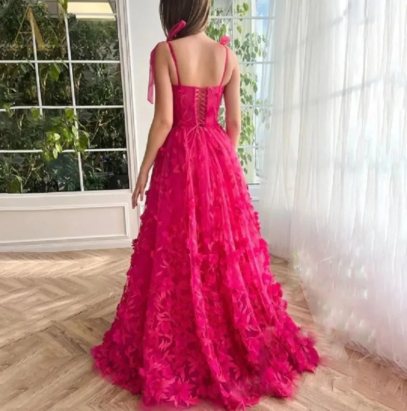Fuchsia Floral Lace Long Prom Dresses Side Slit Sexy Spaghetti Straps Evening Dress for Women 2024 Formal Party Events Special Occasion Gown 2024