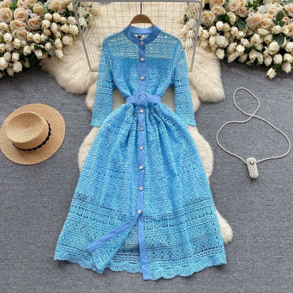 Light mature style womens clothing high-end feeling early spring dress womens design feeling hollowed out lace medium length French formal dress skirt