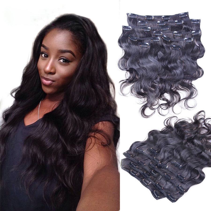 Remy Clip In On Hair Extensions Human Hair Extensions Body wavy Extra Thick Double Weft Natural Black Off Black 8pcs Full Head Weave Brazilian Hair