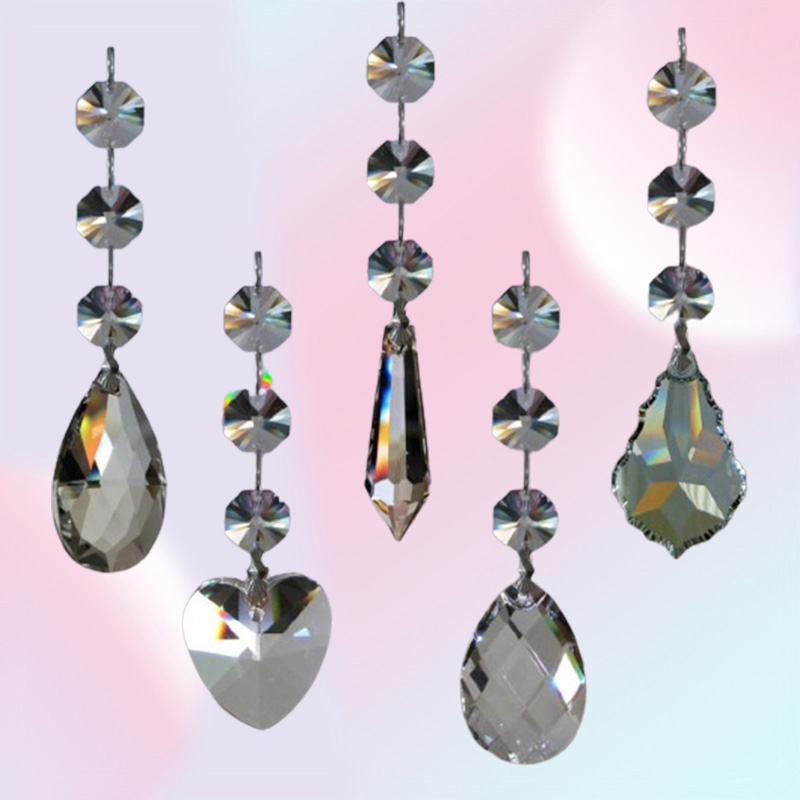 5pcs Crystal Chandelier Lamp Prisms Part Hanging Glass Teardrop Pendants with Octagon Beads Silver Jump Rings Connector