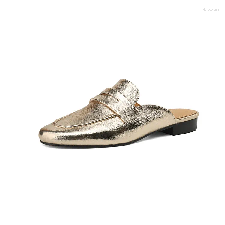 Slippers Ochanmeb Women Real Leather Mule Shoes Sier Gold Slip-on Penny Loafers Woman Genuine Flat Mules Spring Summer
