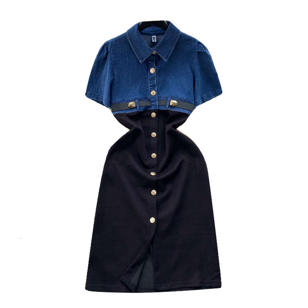 Early Spring Korean Style Dressing Design Fake Two Denim Short Sleeves Contrast Colored Paired Buckle Mid length Elegant Dress