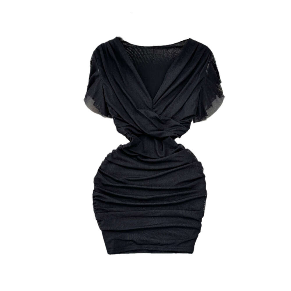 Fashionable and Sexy Flying Sleeves V-neck Low cut Waist Slimming Elastic Tight Wrap Hip Fold Mesh Bottom Dress