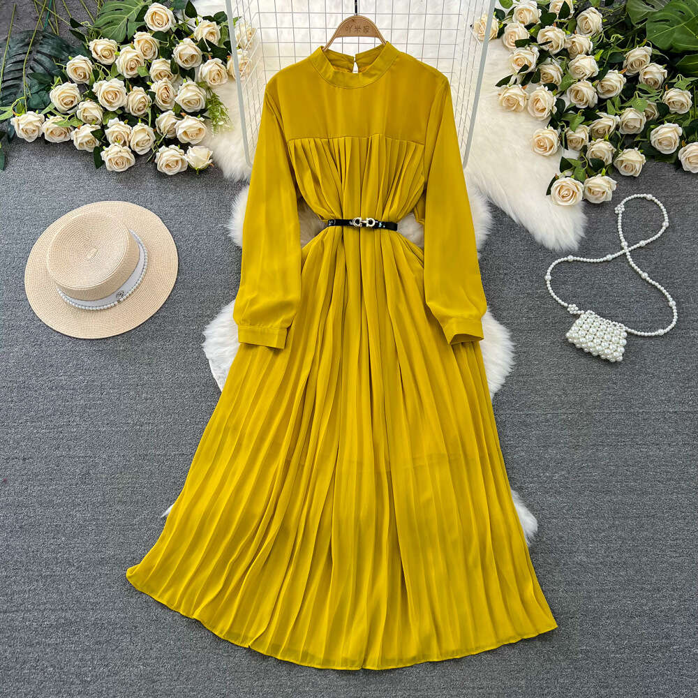 Spring and Autumn Seasons Light Mature Style Celebrity Elegant Long sleeved Standing Neck Waist Wrapped Slim A-line Hundred Pleated Dress Elegant Long