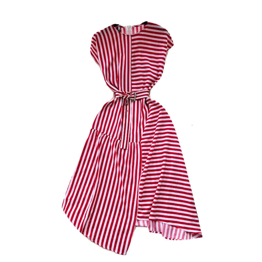 Fashionable striped patchwork dress with round neck sleeveless tie up waist slim and irregular hem elegant skirt