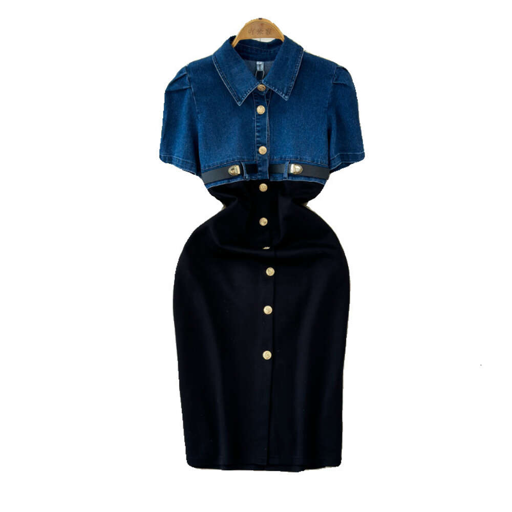 2024 Spring/Summer New Fashion Single breasted Sleeveless Waist Slimming Shirt Dress with Denim Splicing Style