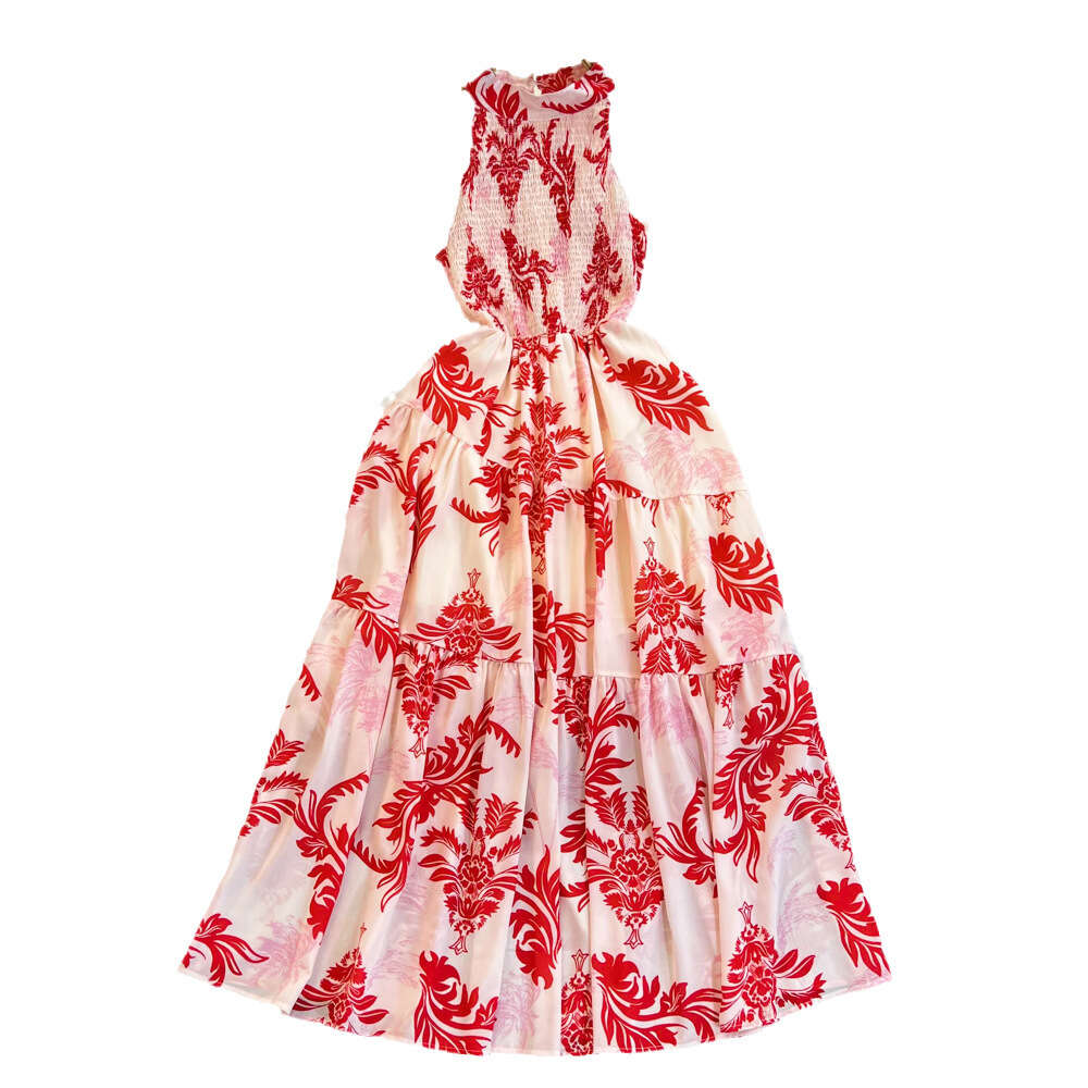 Beach Dress for Beach Vacation Fashionable Celebrity Elegant Style Hanging Neck Off Shoulder Waist Mid length A-line Printed Dress for Women