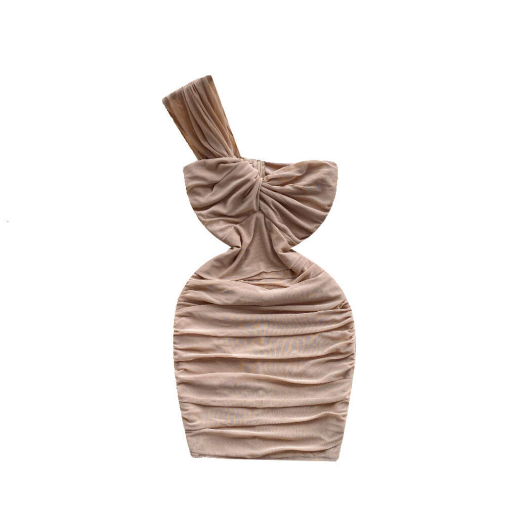 Bounce and wear high-end nightclub womens clothing with scheming pleats elastic mesh sexy buttocks wrapped skirt single shoulder suspender dress