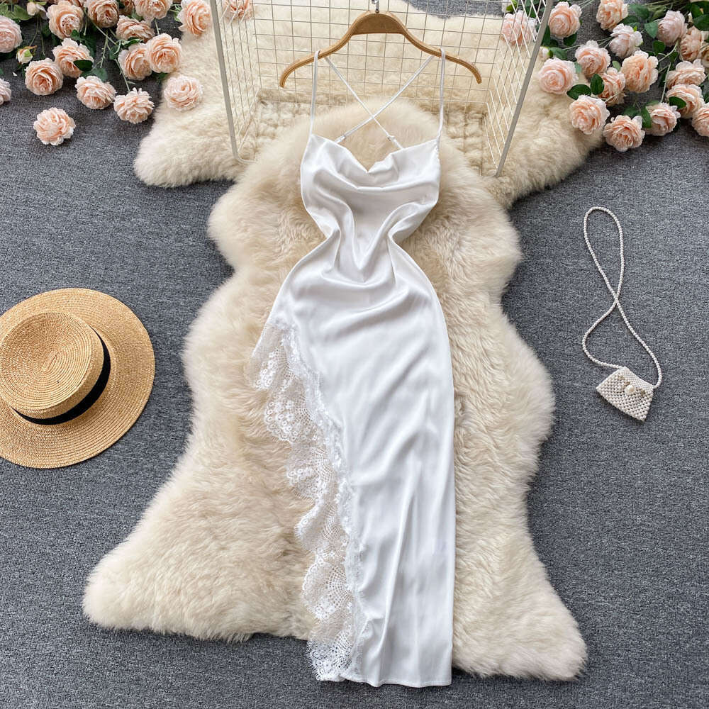 Satin Lace split hollow out suspender irregular dress female French Strapless celebrity sexy long skirt fashion