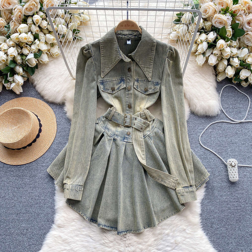 American style denim skirt design with a fake two piece waist up slimming pleated A-line skirt short style elegant dress
