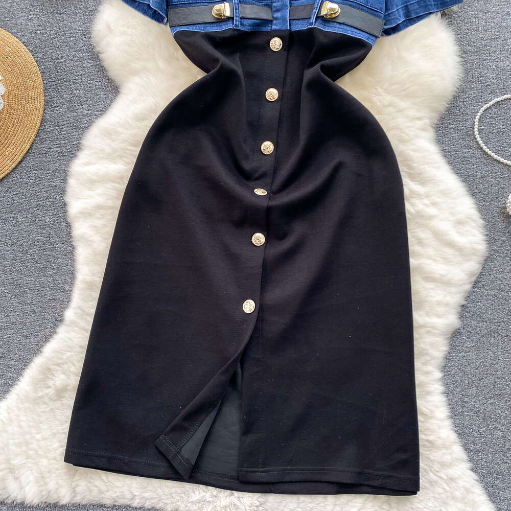 Early Spring Korean Style Dressing Design Fake Two Denim Short Sleeves Contrast Colored Paired Buckle Mid length Elegant Dress
