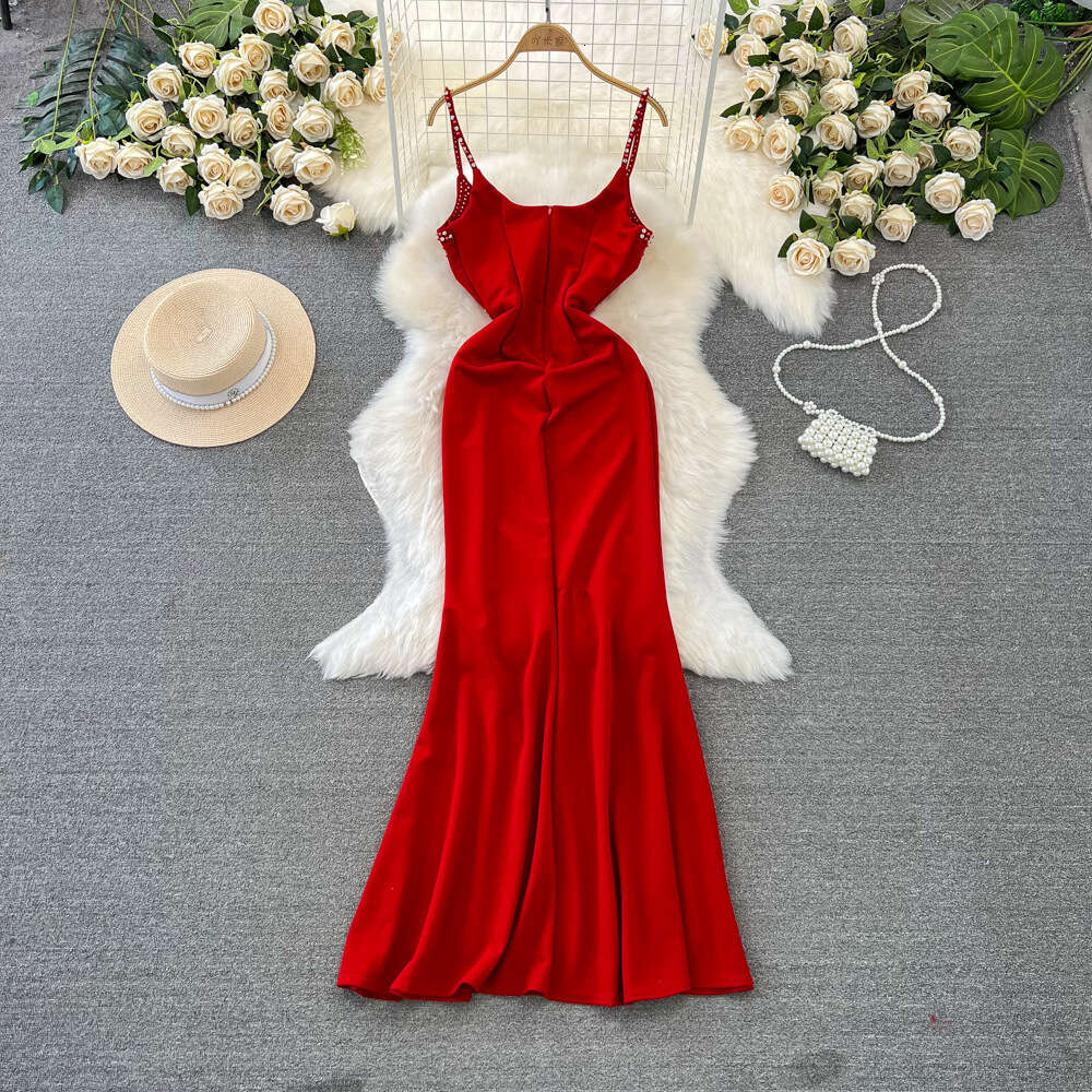 High end evening dress female socialites temperament sexy diamond embellishment strapless waist slimming suspender fishtail host dress