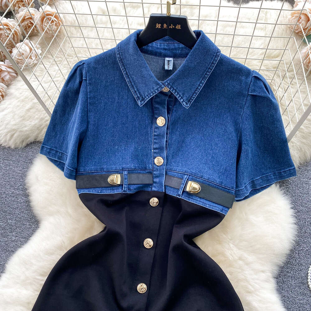Early Spring Korean Style Dressing Design Fake Two Denim Short Sleeves Contrast Colored Paired Buckle Mid length Elegant Dress