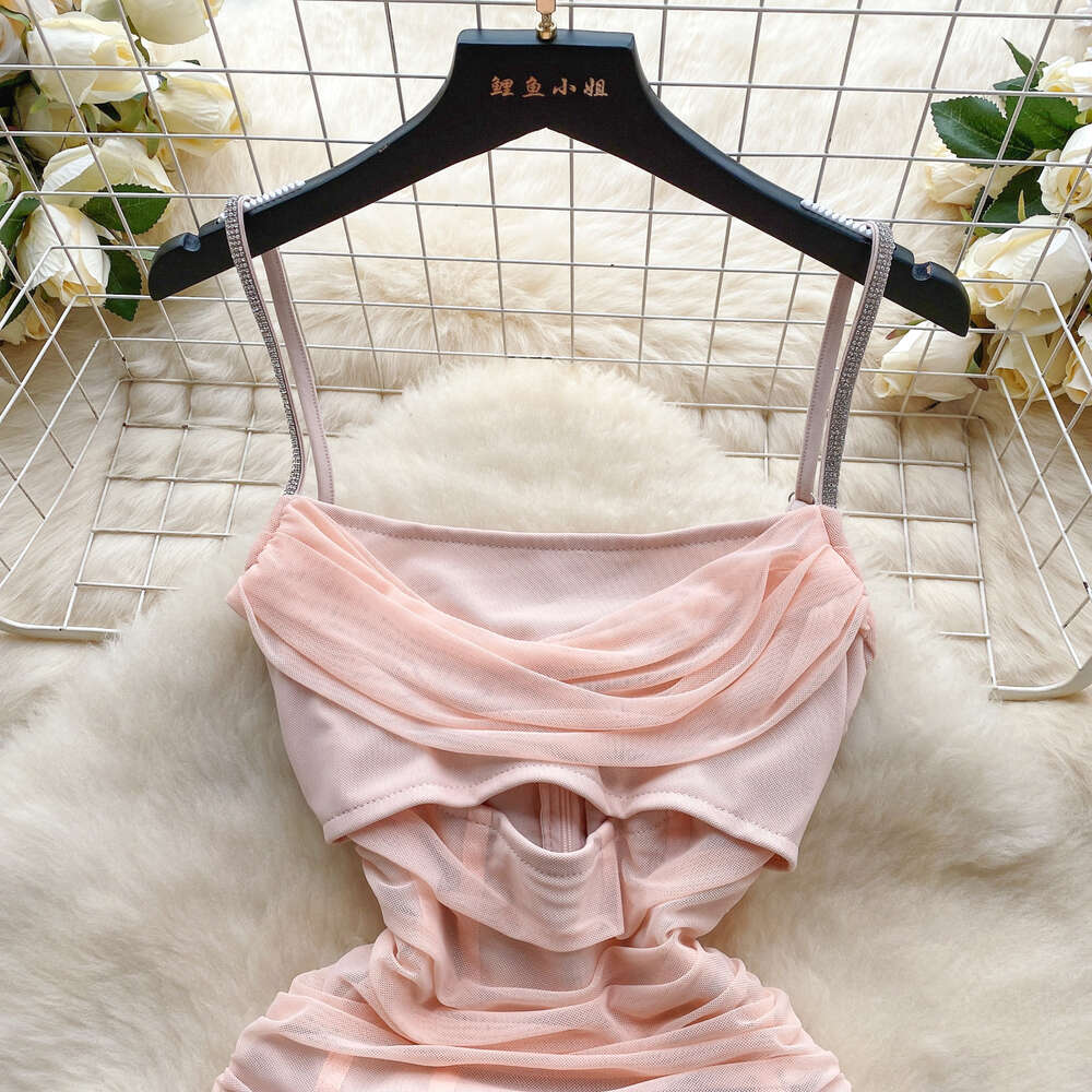 Pure desire style camisole dress for women summer mesh with exposed navel and swinging collar mesh design with a sense of niche unique and spicy girls