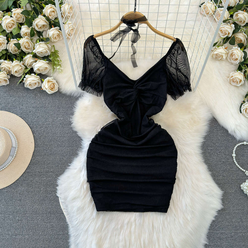 2024 Summer Fashion Pure Desire Sexy Nightclub V-Neck Waist Slimming Short Mesh Wrap Hip Bottom Dress