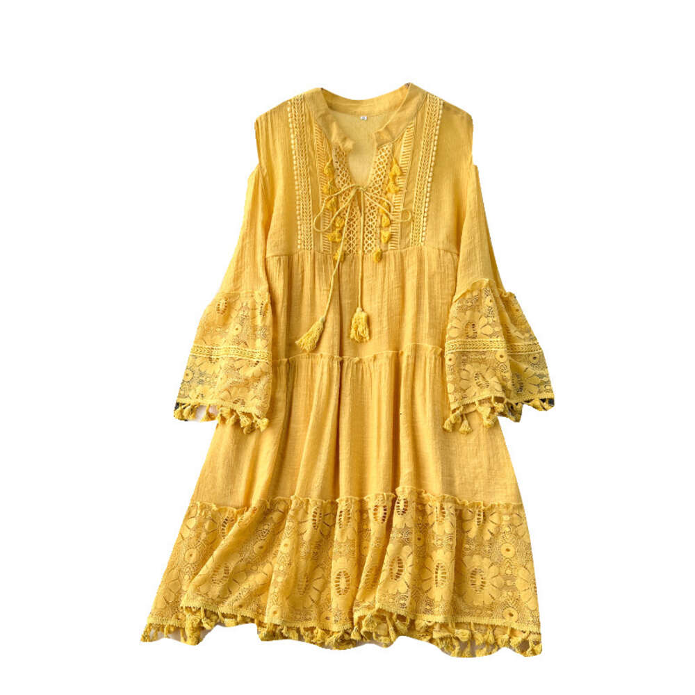 Korean style early spring vacation dress for women with a design sense of hollowed out flared sleeves tassels loose and slimming lace skirt