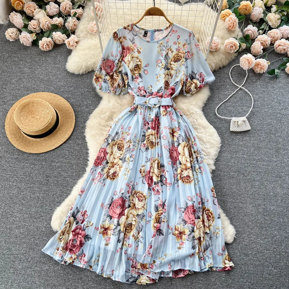 Summer Bohemian Women Tie Dye Printed Pleated Long Dress Boho O Neck Puff Sleeve High Waist Draped Maxi Vestido 240529