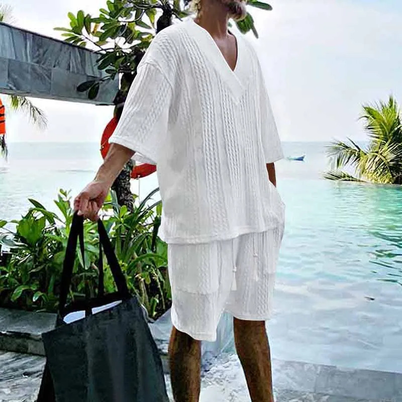 Spring/Summer European and American Casual Loose and Versatile Jacquard Knitwear Top Shorts Mens Set 240530