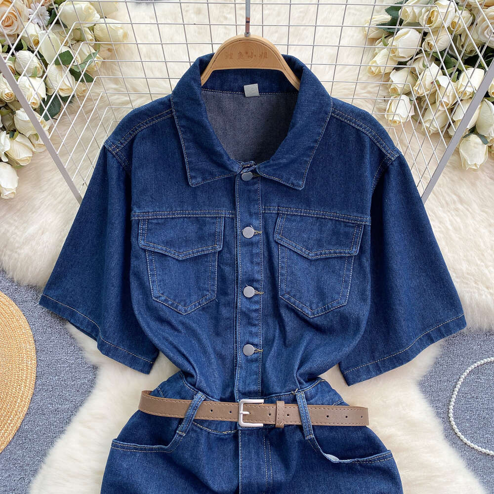Chic dark blue denim skirt elegant buckle slim fit short style buttocks wrapped skirt elegant dress for women