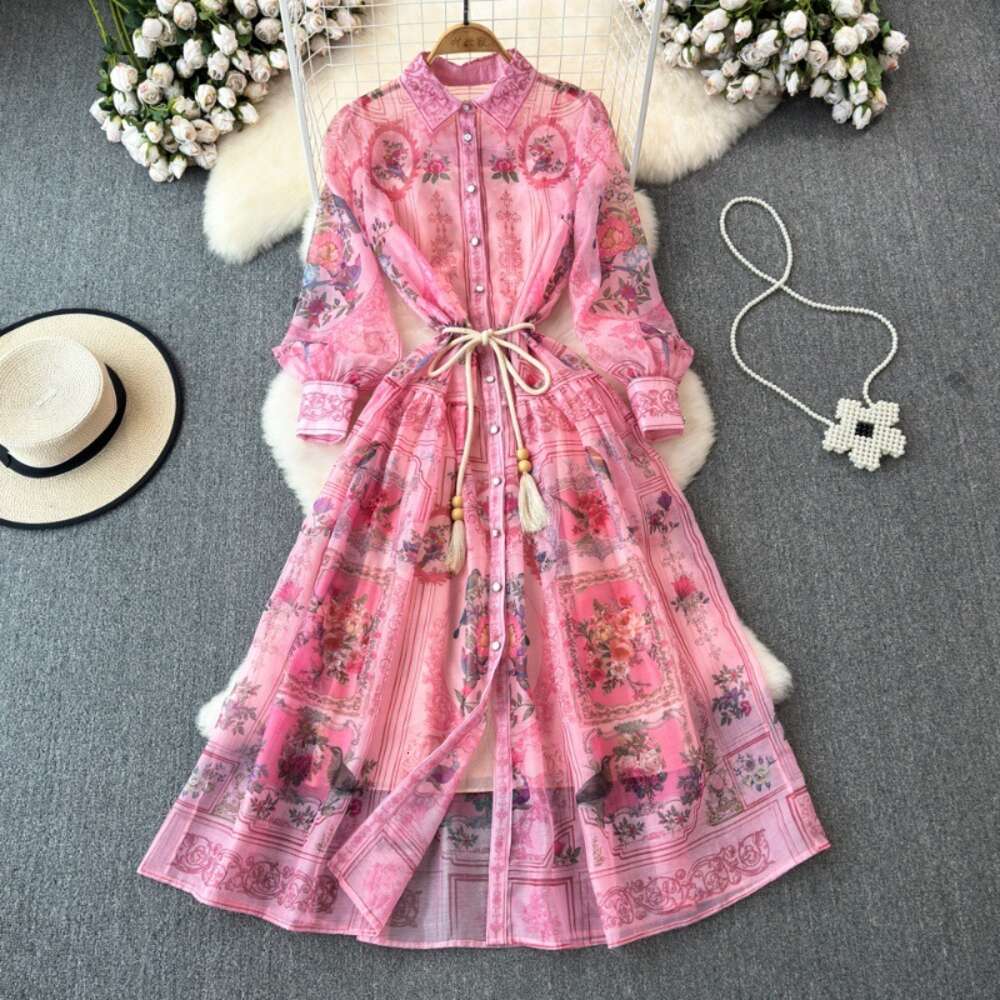 Spring and Autumn Palace Style Lantern Long sleeved Flip Collar Waist Slimming Single breasted A-line Printed Shirt Dress