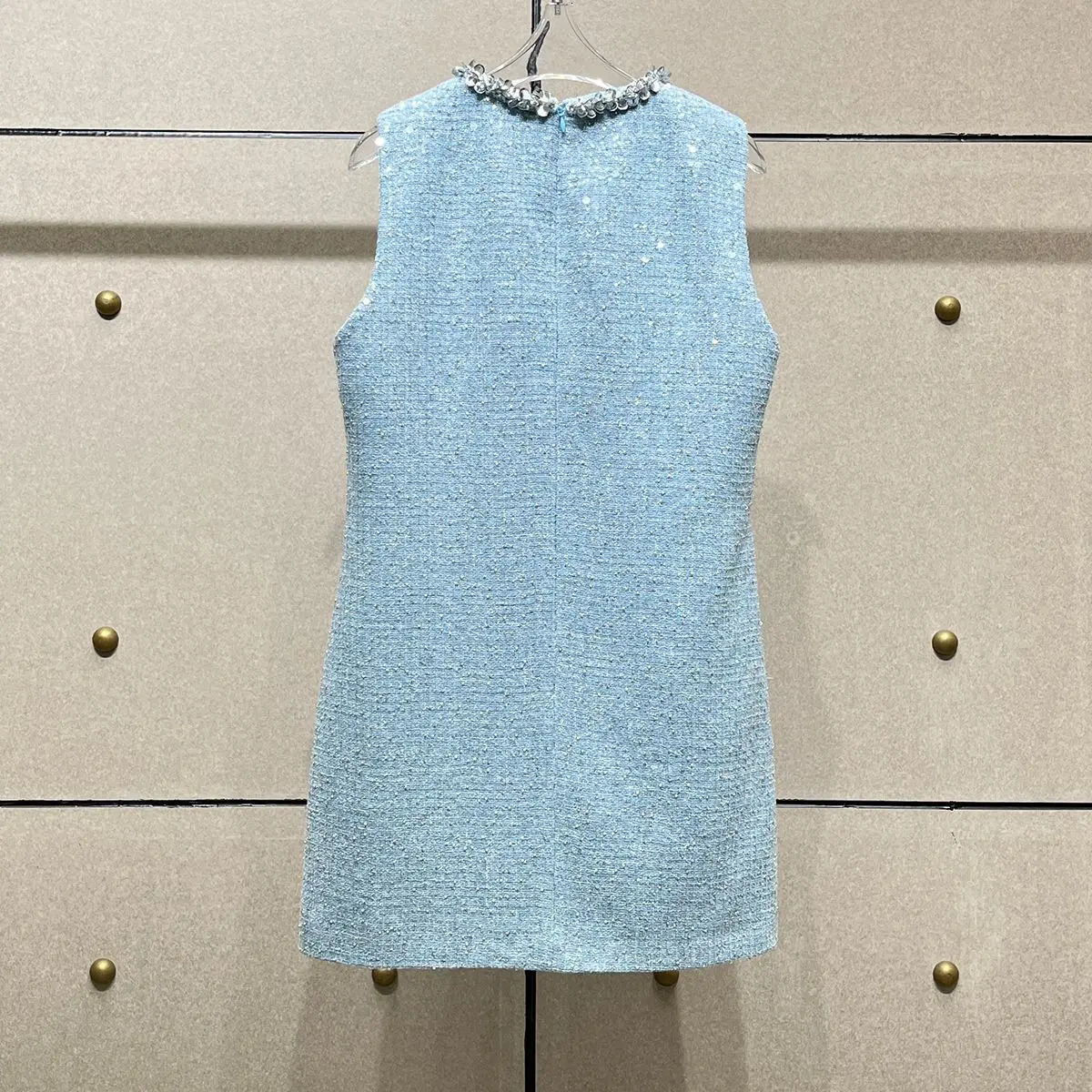 Diamonds Round Neck Sleeveless Tweed Sequins Womens dresses Light Blue Chic Sexy Hollow Out Short Dresses Spring 240529