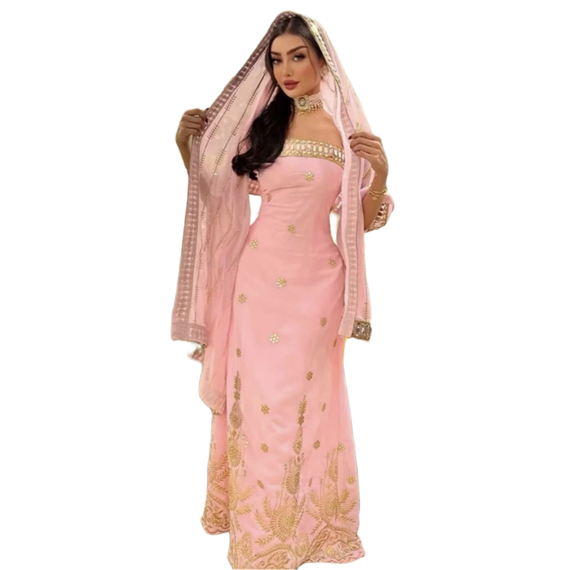 Elegant Arabic Dubai Strapless A-Line Evening Dresses With Gold Embroidery Beaded Blush Pink Kaftan Prom Dress Caftan Formal Occasion Gown For Women V