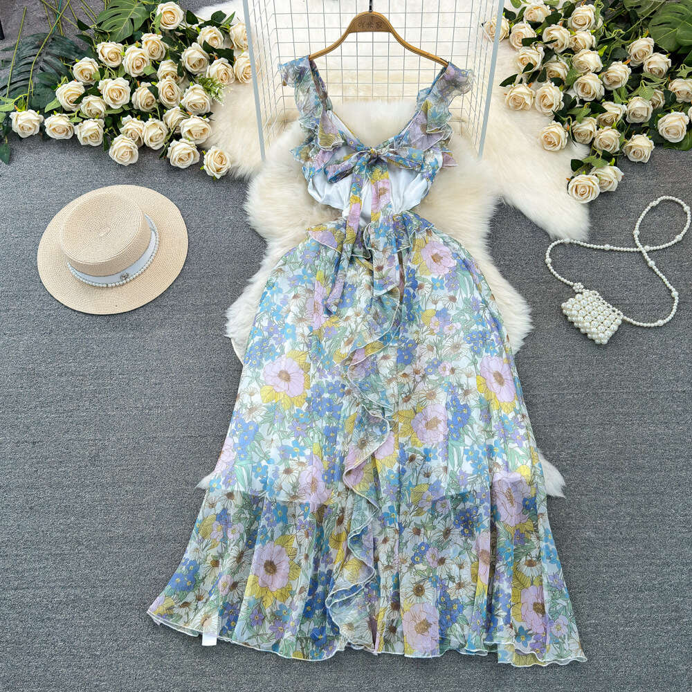 Gentle and socialite temperament V-neck waist cinched slimming A-line large hem printed chiffon dress seaside vacation long dress