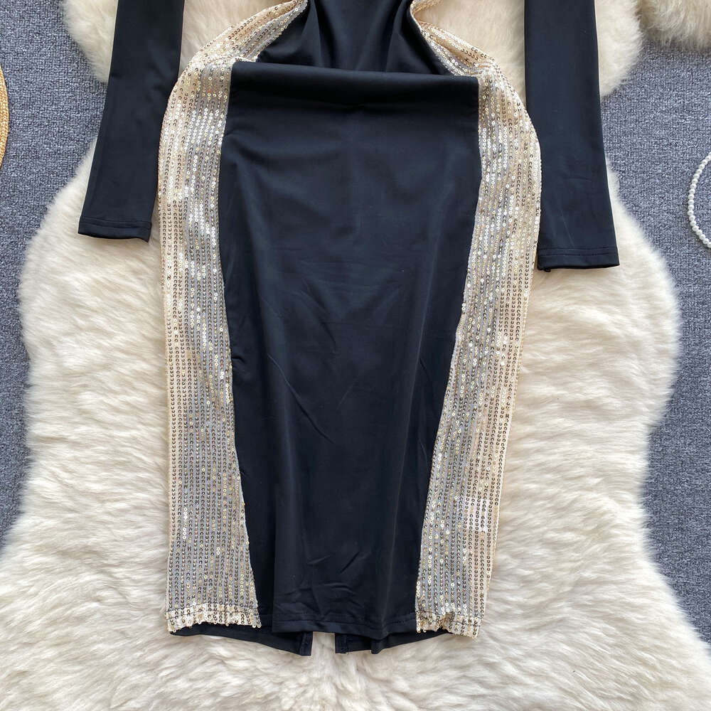 Light mature style womens clothing with a sense of luxury light luxury sequin color contrast splicing one line collar off the shoulder long sleeved dr