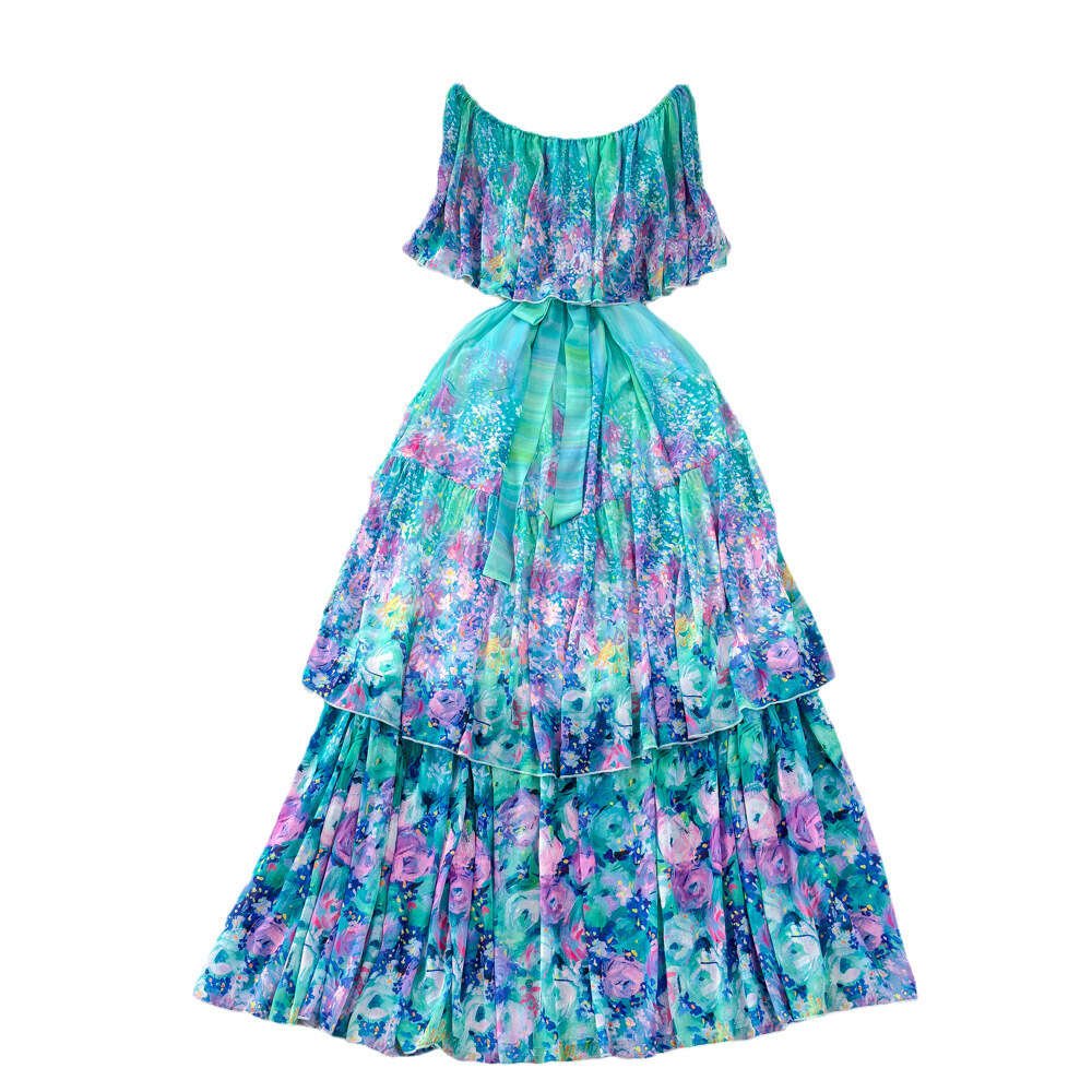 Fashionable and socialite temperament one shoulder off the shoulder waistband slimming appearance A-line cake print dress seaside vacation long dress