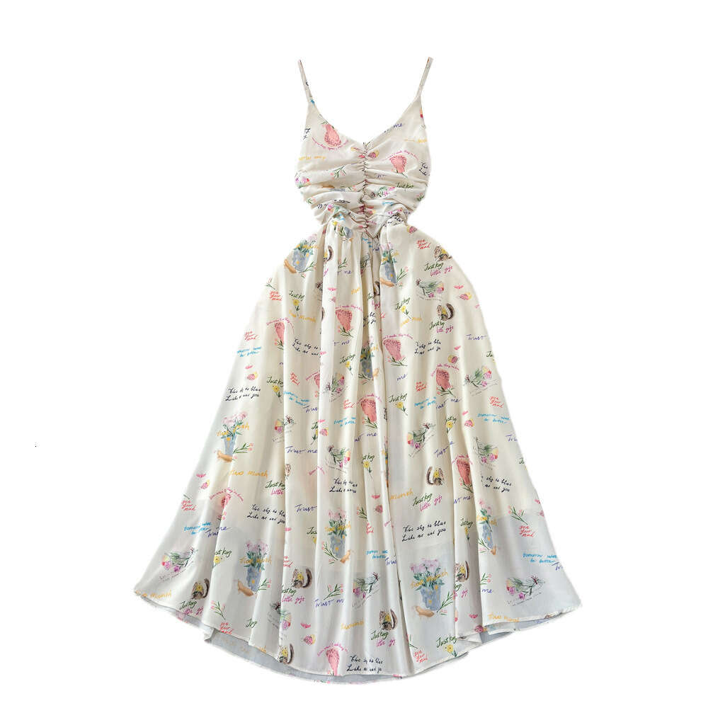 Beach resort style V-neck waist slimming mid length A-line suspender dress fashionable and elegant temperament long skirt in summer