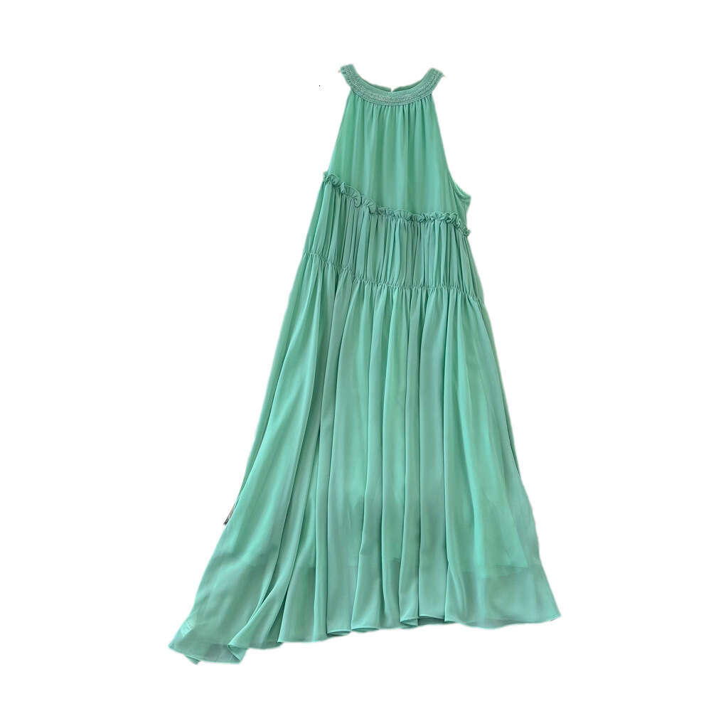 Fashionable high-end feeling light luxury socialite temperament hanging neck off shoulder loose A-line chiffon dress seaside vacation long dress
