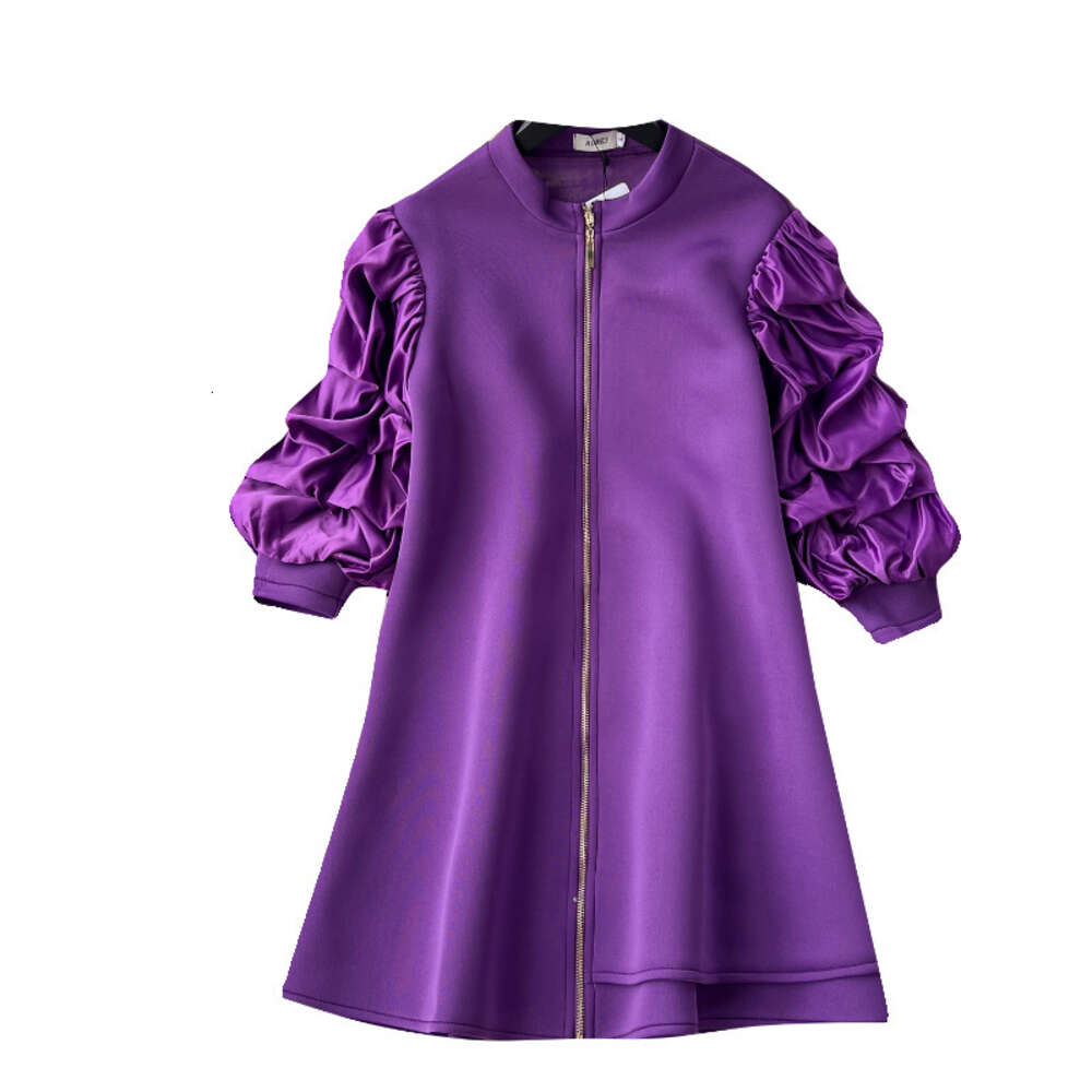 Large size womens high-end satin pleated bubble sleeve design with zippered short style dress